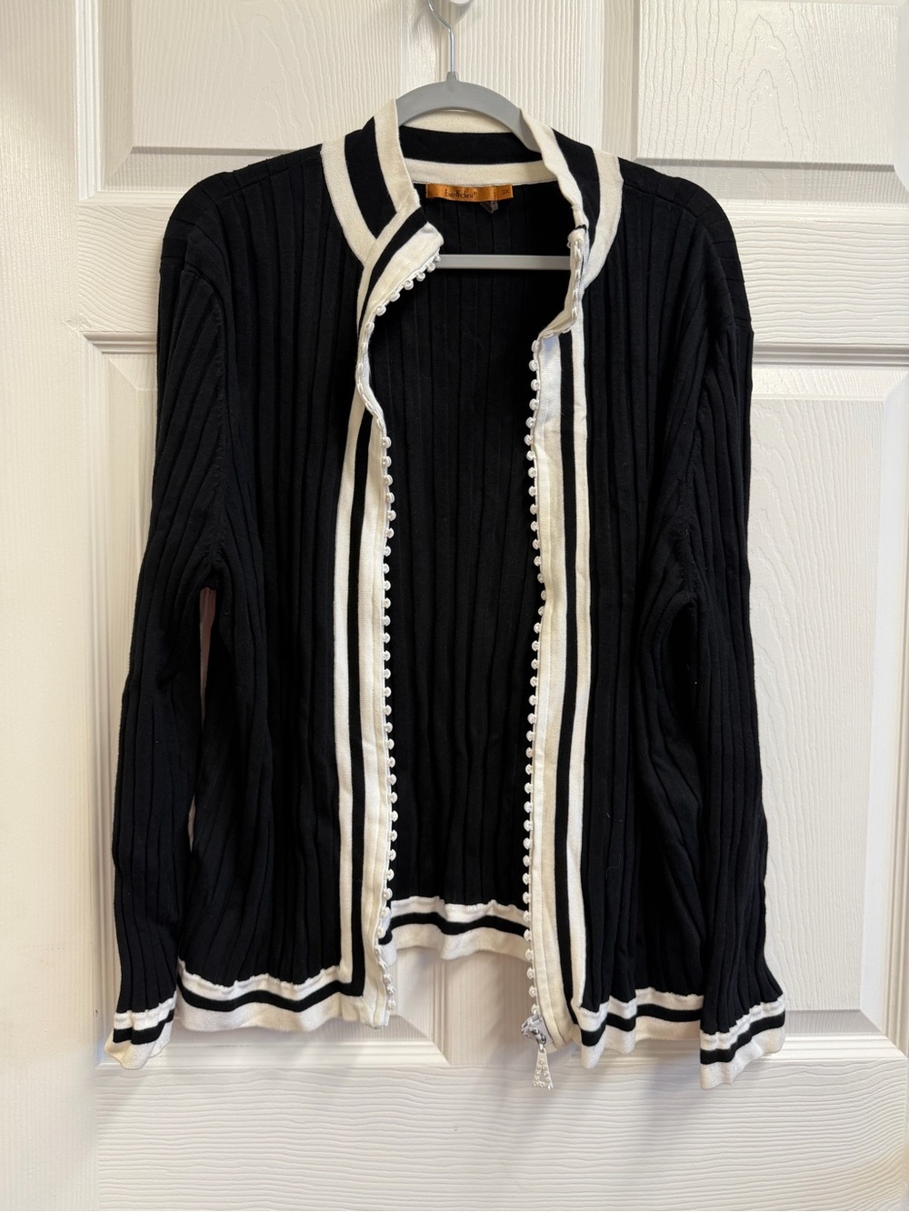 Belldini Black Cardigan with White Trim and Pom-Pom Zip